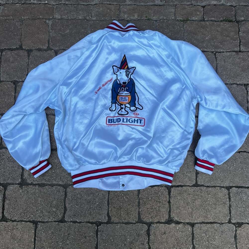 Vintage 1987 Spuds MacKenzie Bud Light Budweiser Beer Satin Bomber Jacket Size L